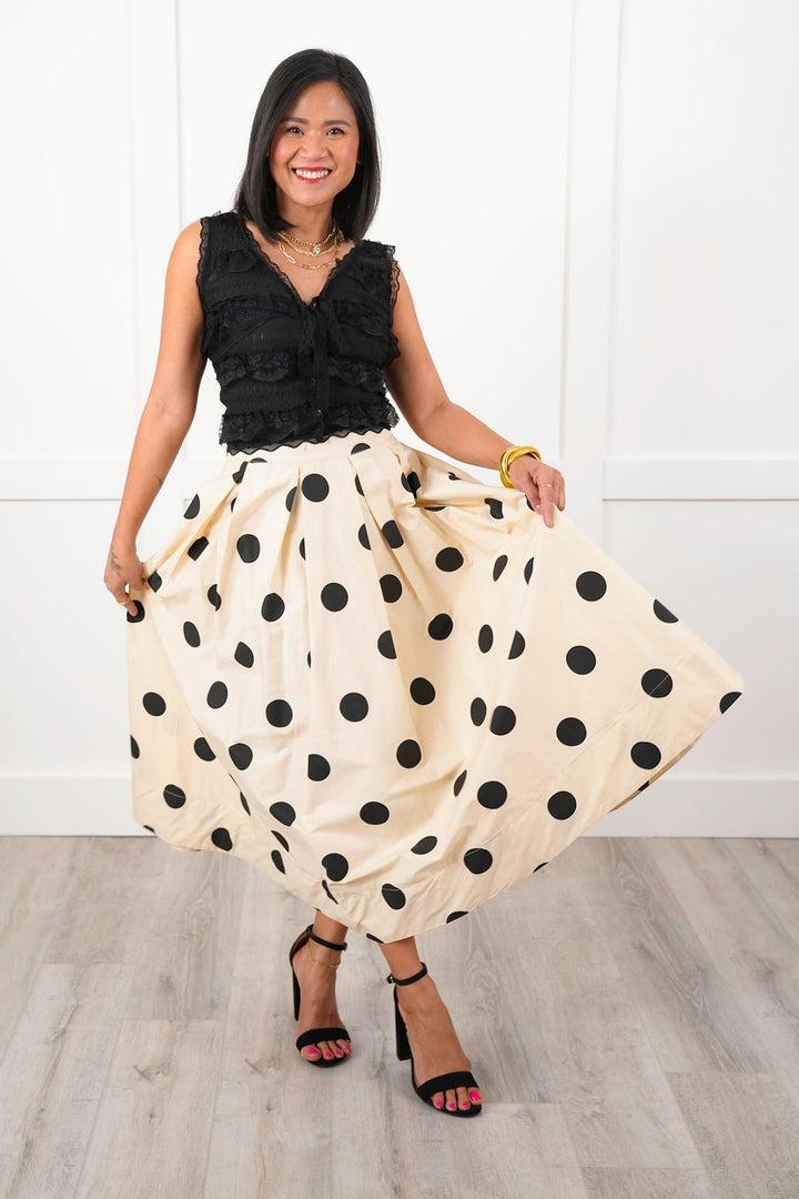 Cream Polka Dot Pleated Midi Skirt with Side Pockets