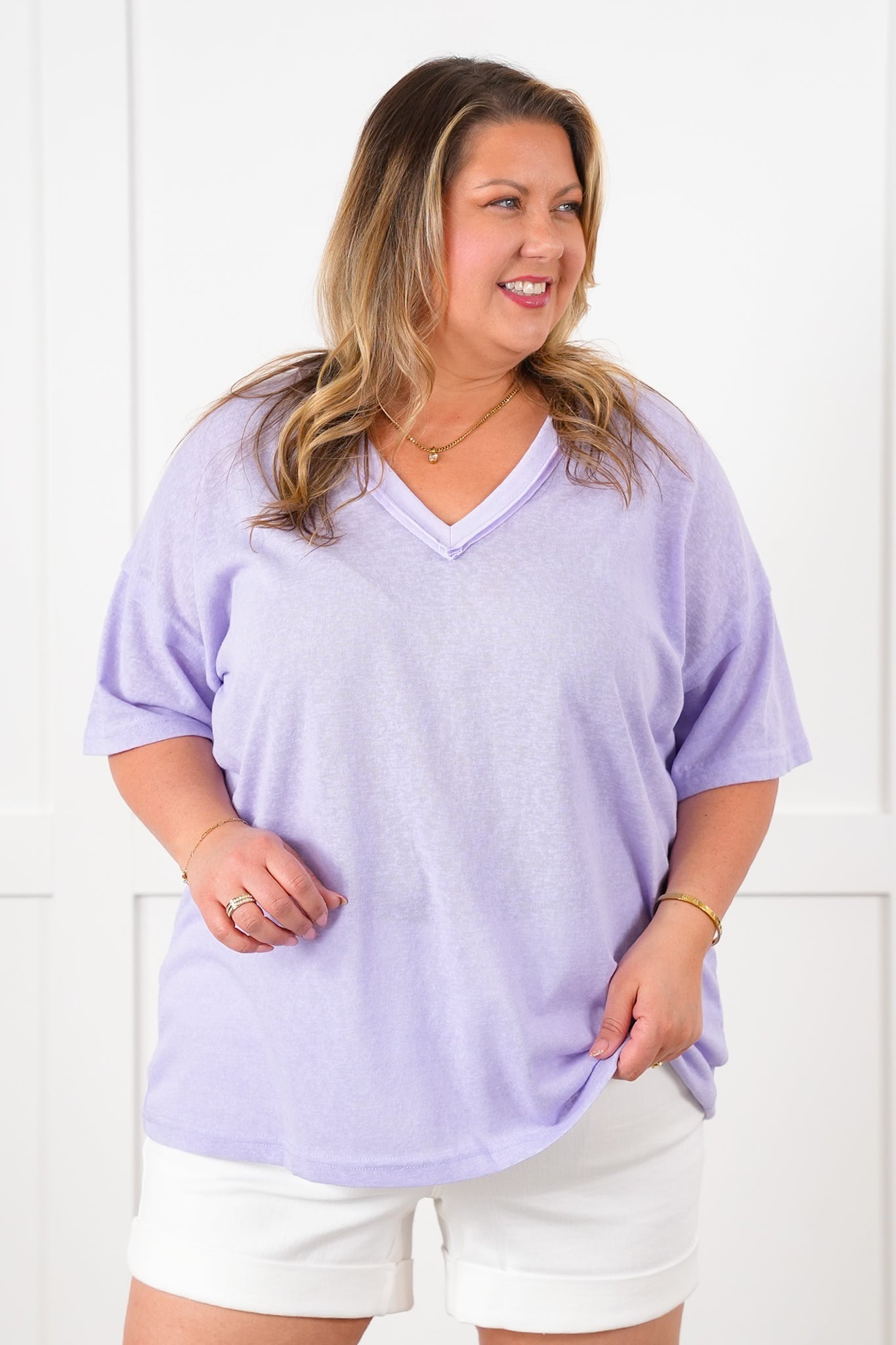 POL Stone Wash Short Sleeve V-Neck Top