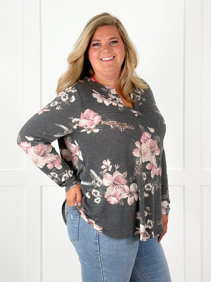 Plus/Reg Floral Print Long Sleeve V Neck Pullover Top