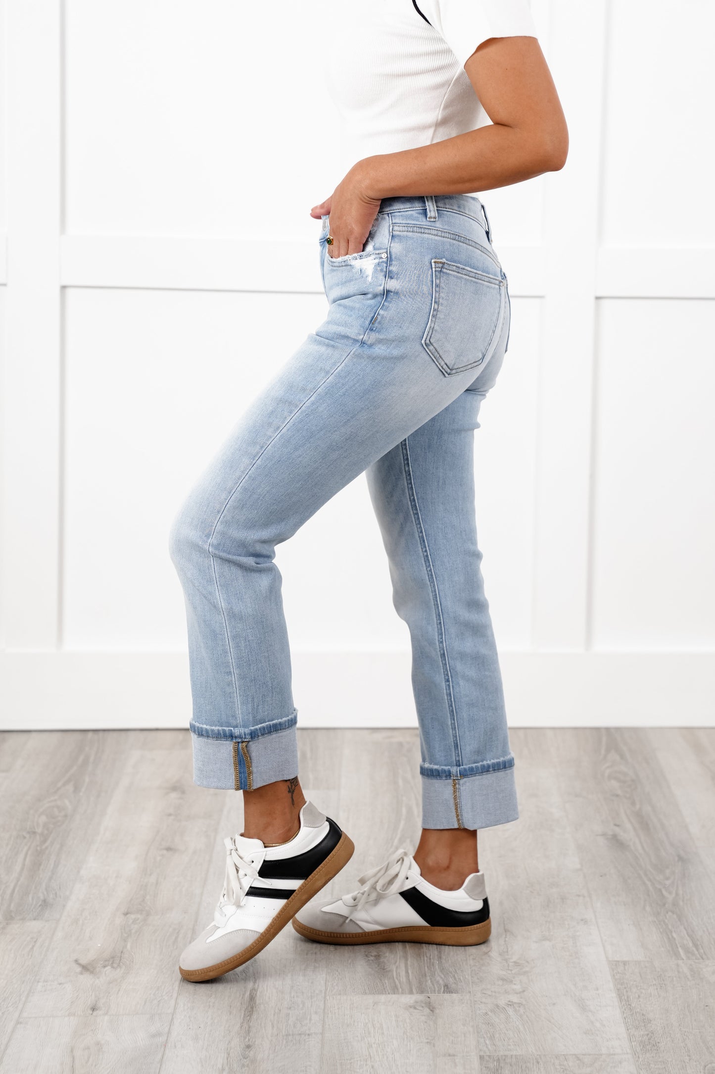 Mica Mid Rise Light Wash Cuffed Straight Leg Jeans