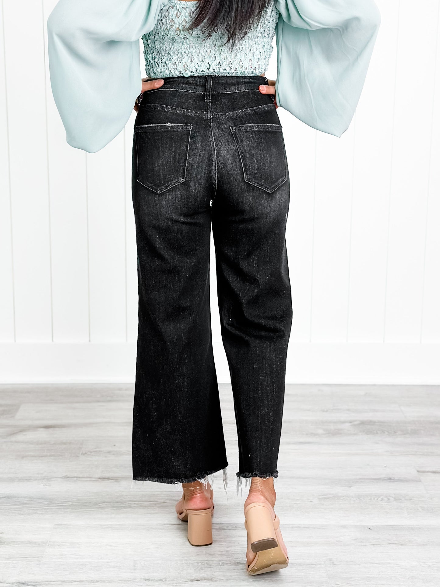 Risen High Rise Black Frayed Ankle Wide Leg Jeans