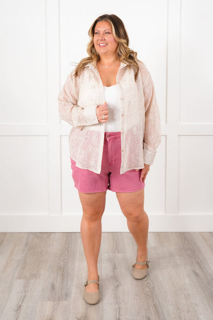 Plus/Reg Shimmering Sheer Floral Long Sleeve Button Up Top