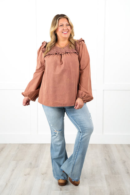 Plus/Reg Mineral Wash Long Sleeve Smocked Neck Top