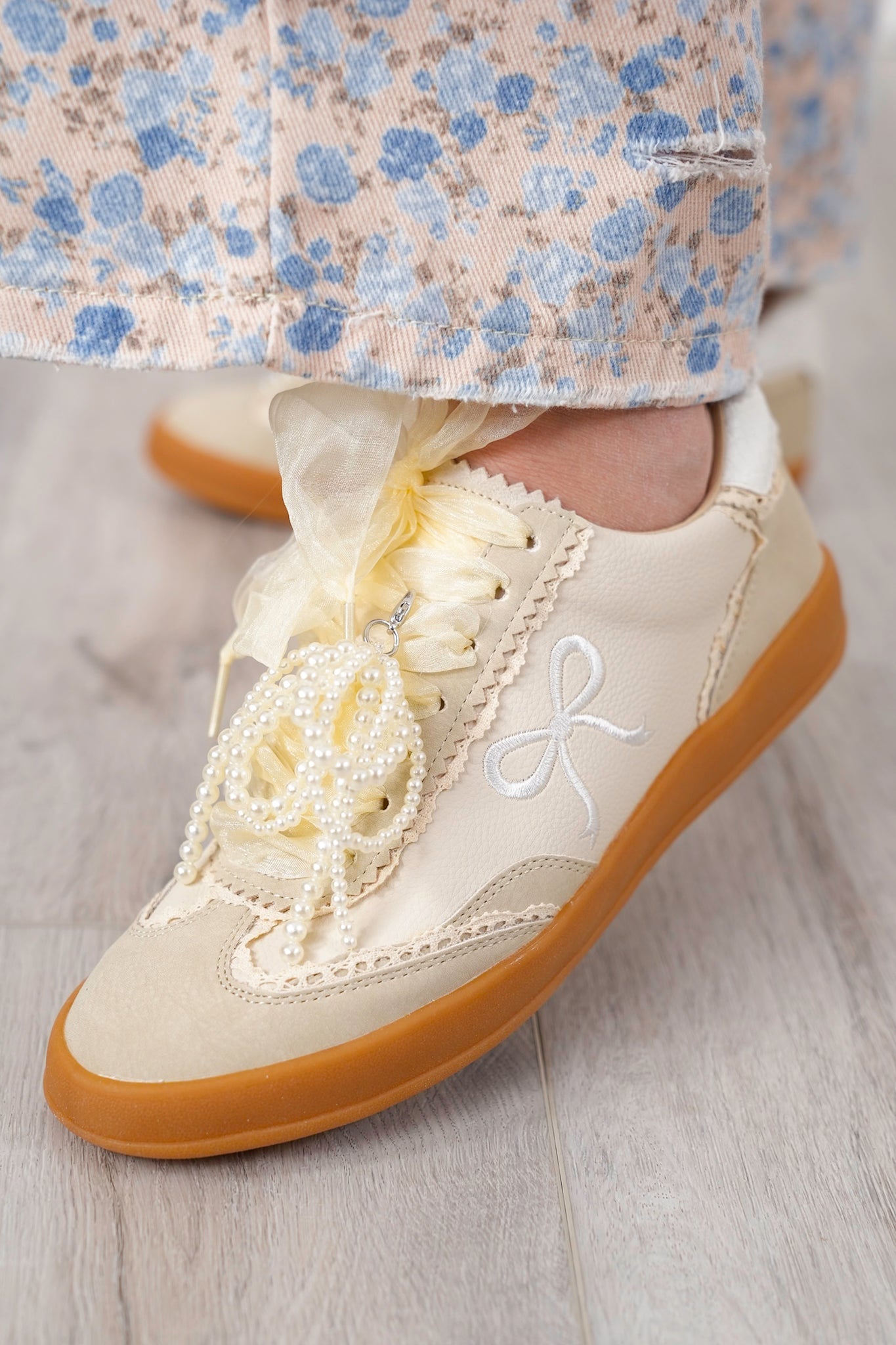 Pearl and Bow Detailing Sneakers with Lace Accents