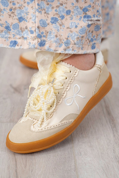 Pearl and Bow Detailing Sneakers with Lace Accents
