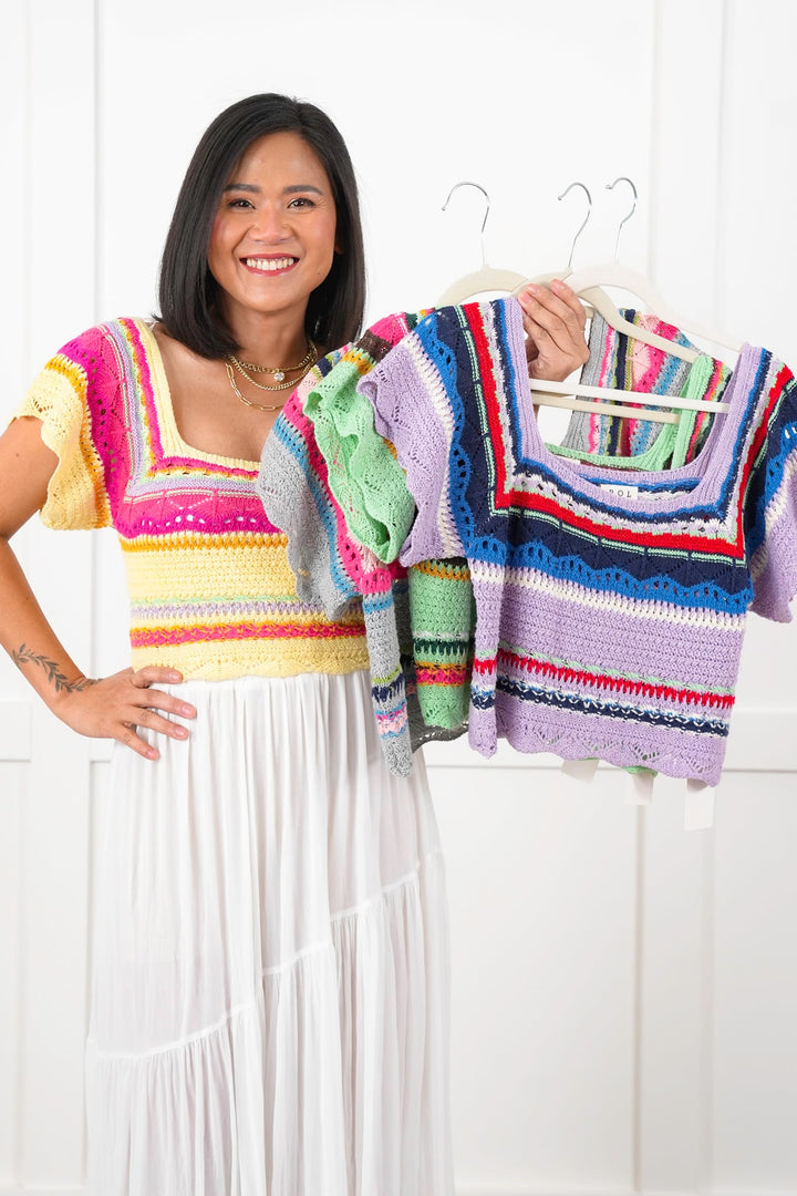 POL Multi Stripe Short Sleeve Square Neck Crop Sweater Top