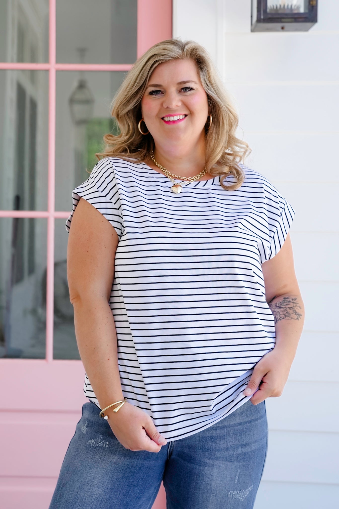 Plus/Reg Stripe Short Cap Sleeve Crew Neck Top