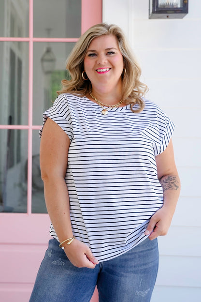 Plus/Reg Stripe Short Cap Sleeve Crew Neck Top