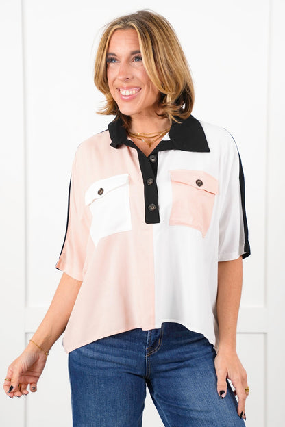 Color Block Short Dolman Sleeve Button Up Top