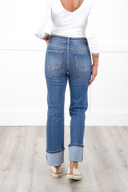 Risen High Rise Medium Wash Wide Leg Straight Cuffed Ankle Jeans