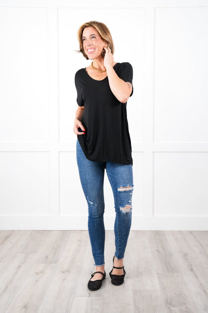 Solid Short Sleeve Scoop Neck Tunic Top (Multiple Colors)