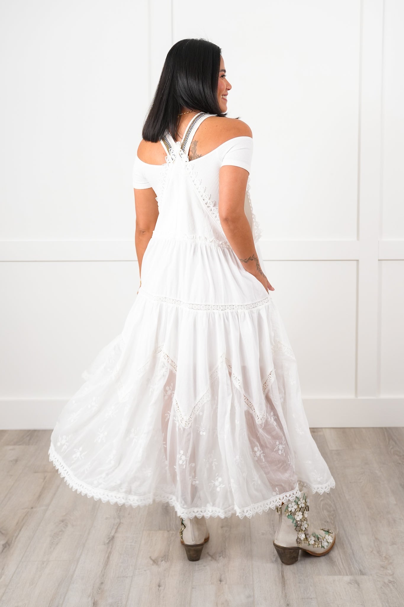 White Overall Dress with Embroidery Detail