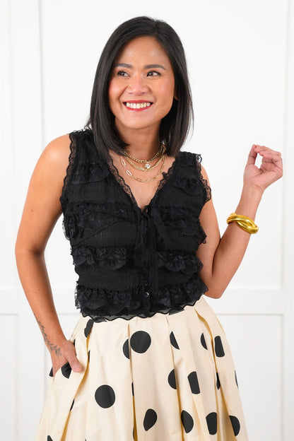 POL Black Lace Sleeveless Button Down Cropped Top