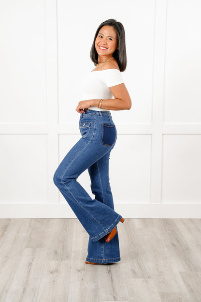 Special A High Rise Medium Wash Tummy Control Flare Jeans with Patch Pockets