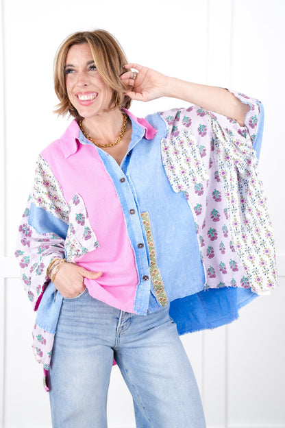 Oversized Multi Print Color Block Button Down Top