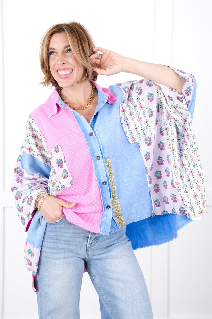 Oversized Multi Print Color Block Button Down Top