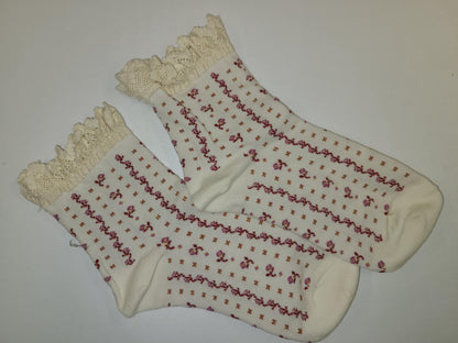Floral Printed Crew Socks with Lace Trim