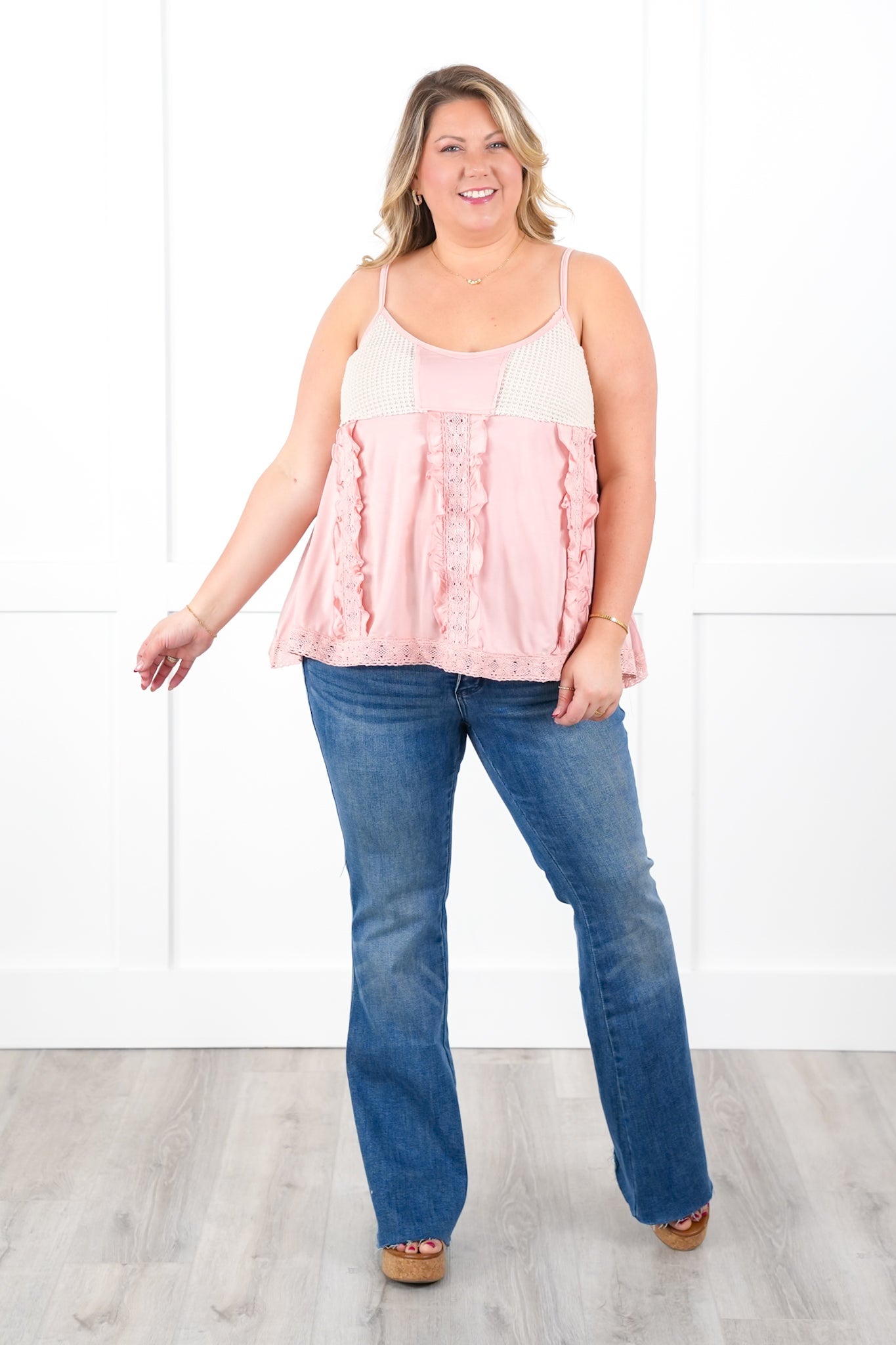 POL Sleeveless V Neck Knit Top with Ruffle Detail