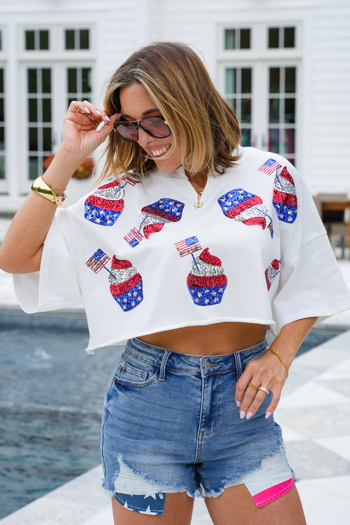 Short Sleeve Cropped Tee Shirt with Sequin American Flag Cupcake Detail