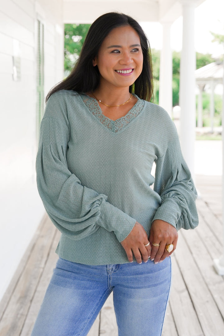 Knit Long Sleeve V Neck Top with Lace Detail (Multiple Colors)