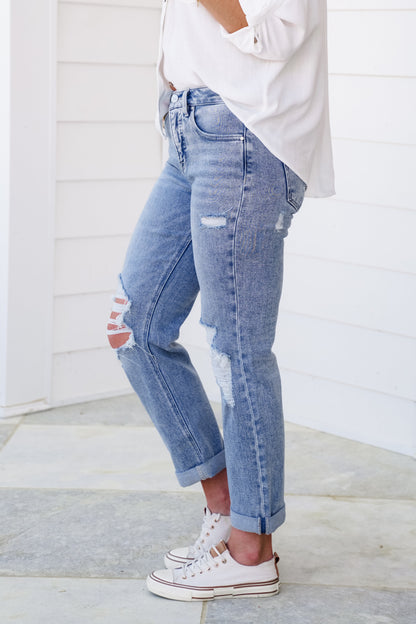 Risen High Rise Light Wash Tummy Control Distressed Ankle Straight Leg Jeans with Double Roll