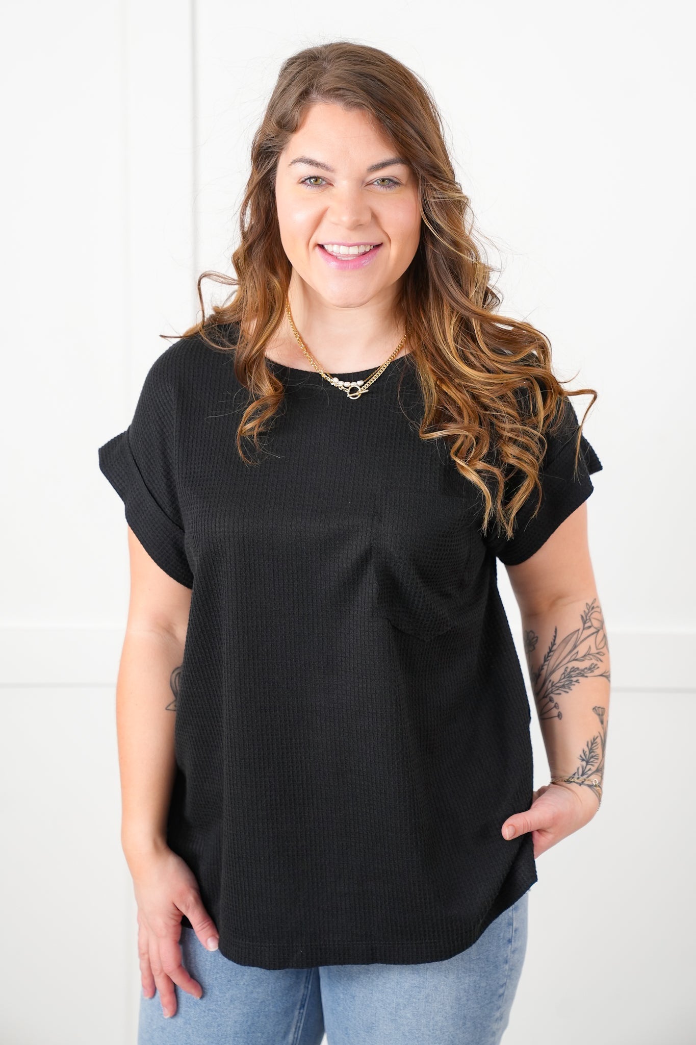 Door Buster! Plus/Reg Waffle Knit Short Dolman Sleeve Round Neck Top