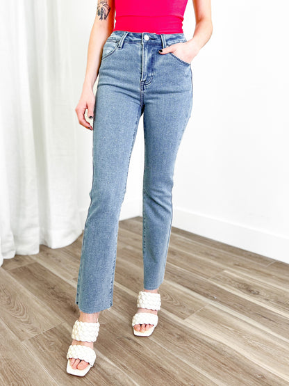 Risen Medium Wash High Rise Slim Straight Jeans With Rhinestones