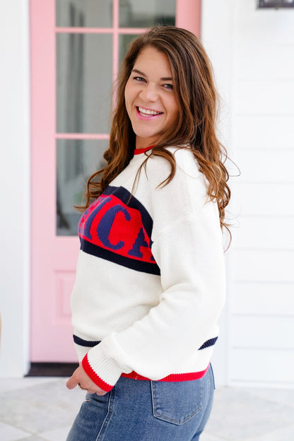 Long Sleeve Crew Neck "America" Knit Sweater
