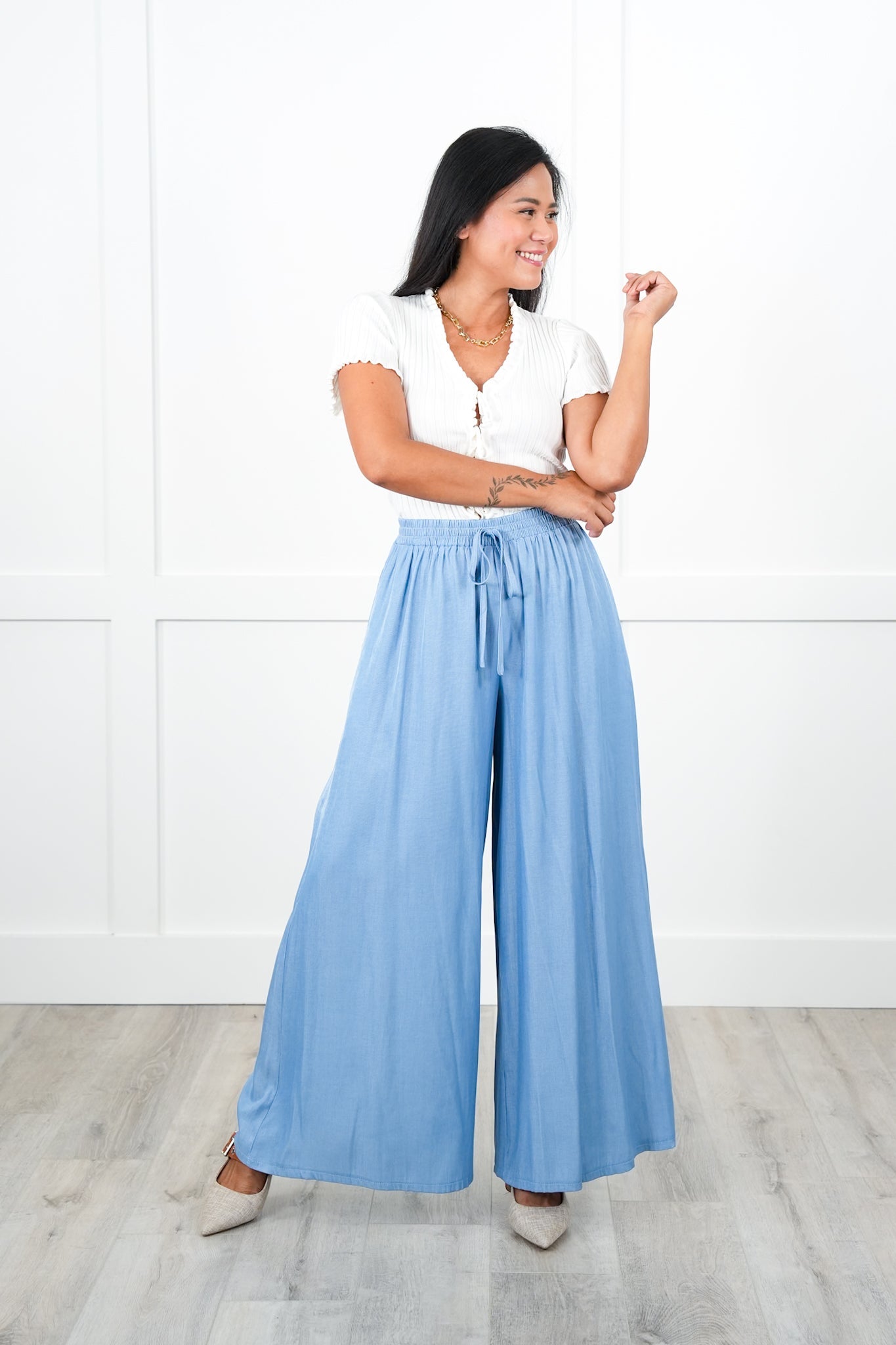 Elastic Waistband Wide Leg Pants with Pockets