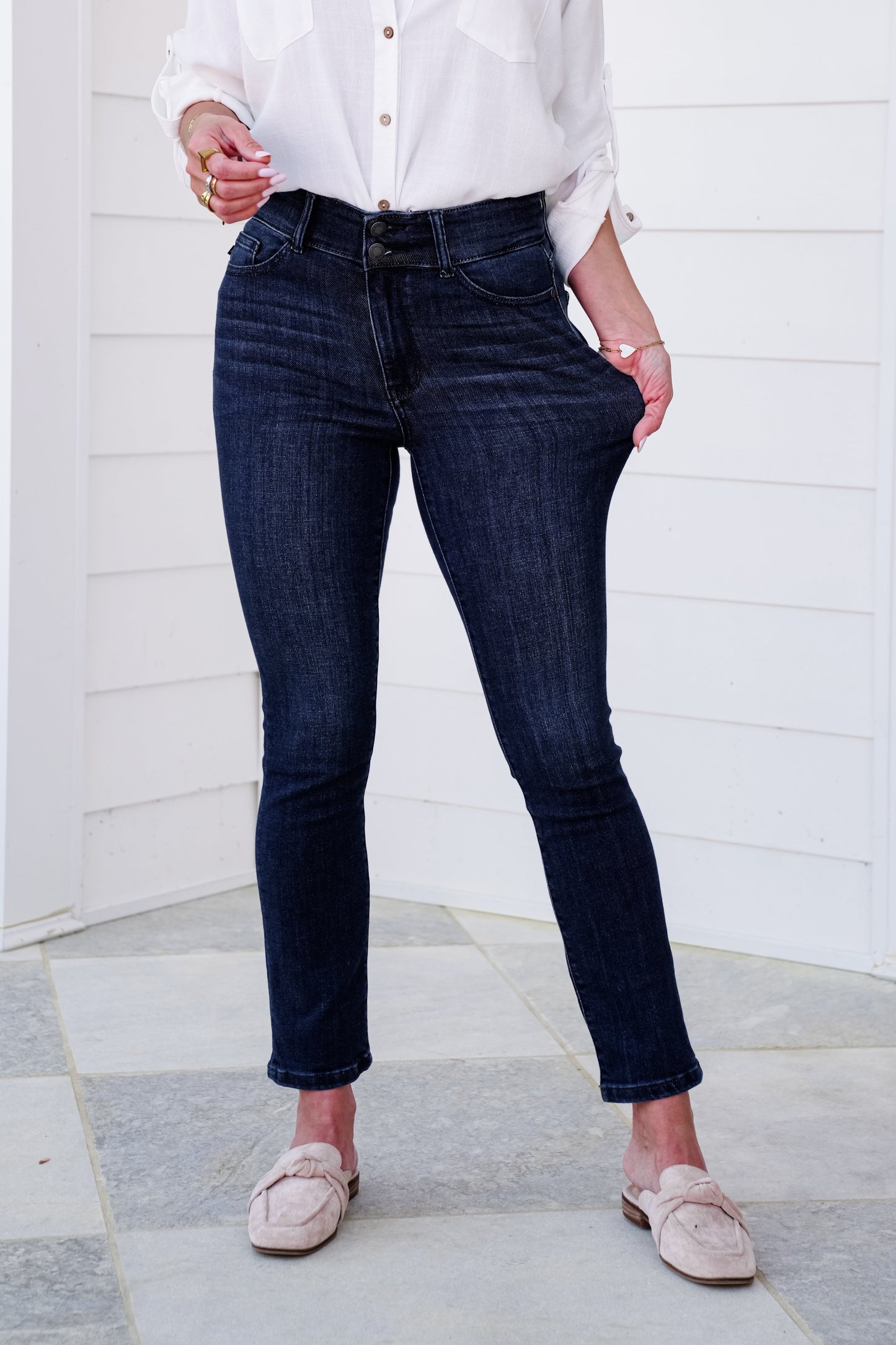 Judy Blue High Rise Dark Wash Double Waist Band Capri