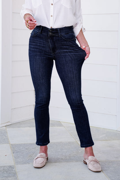 Judy Blue High Rise Dark Wash Double Waist Band Capri