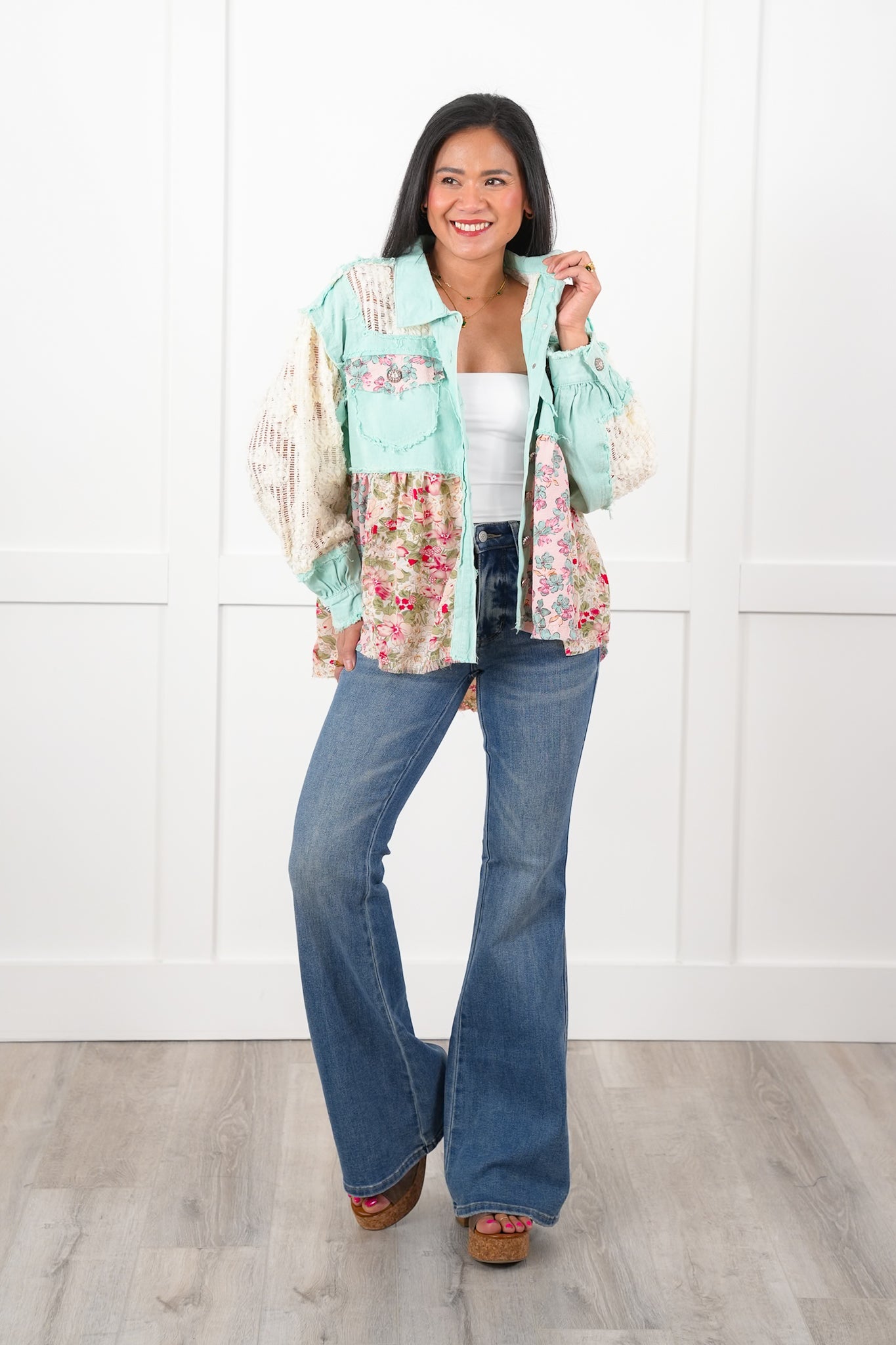 POL Mint Twill Long Sleeve A-Line Jacket with Crochet and Floral Detail