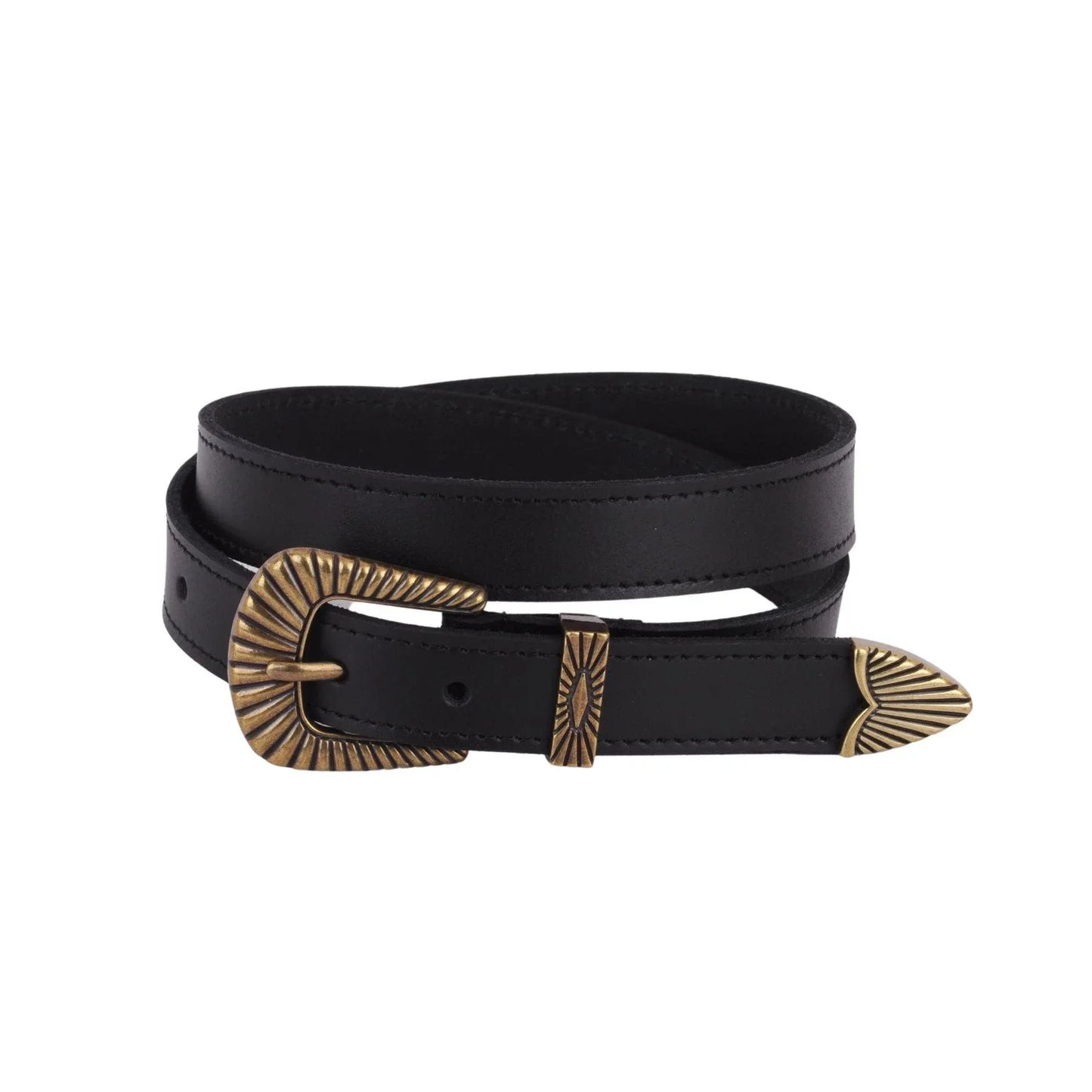 Black Leather Bohemian Brass Buckle Belt