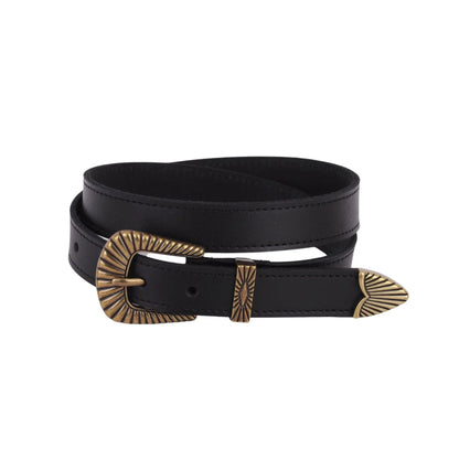 Black Leather Bohemian Brass Buckle Belt