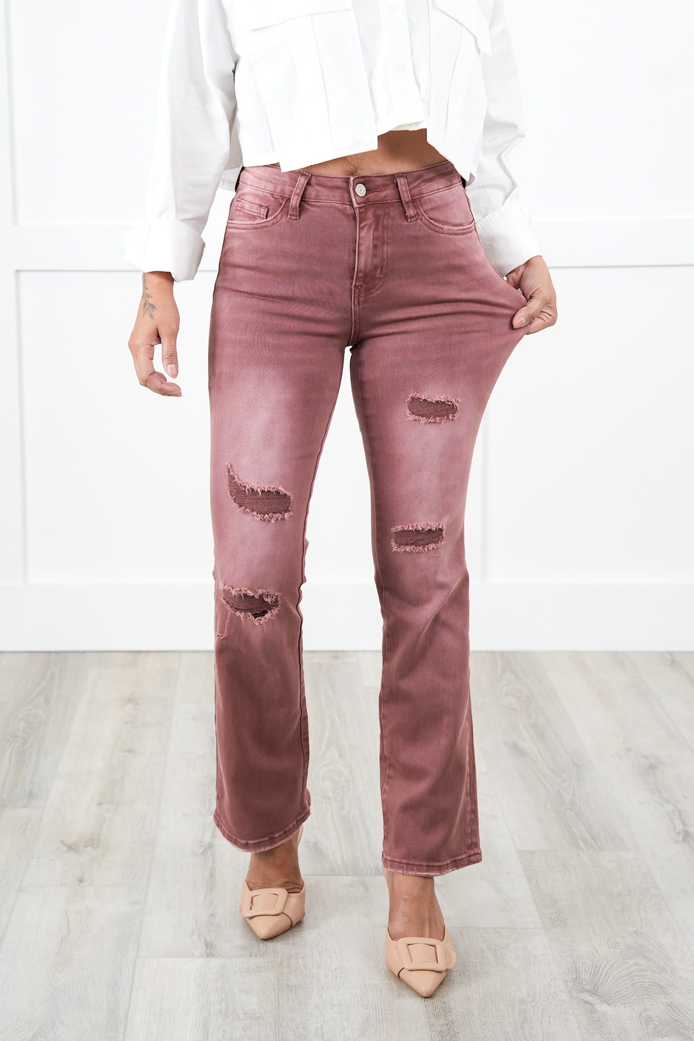 Vervet High Rise Dark Mauve Distressed Bootcut Jeans