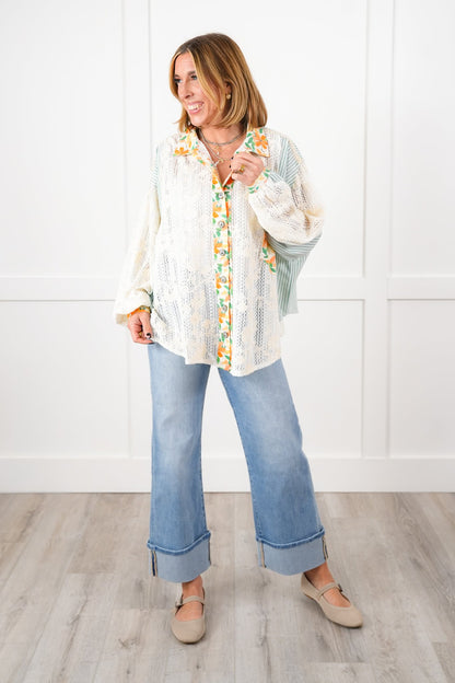POL Stripe Long Sleeve Button Down Shacket with Floral and Lace Detail - New Colors!