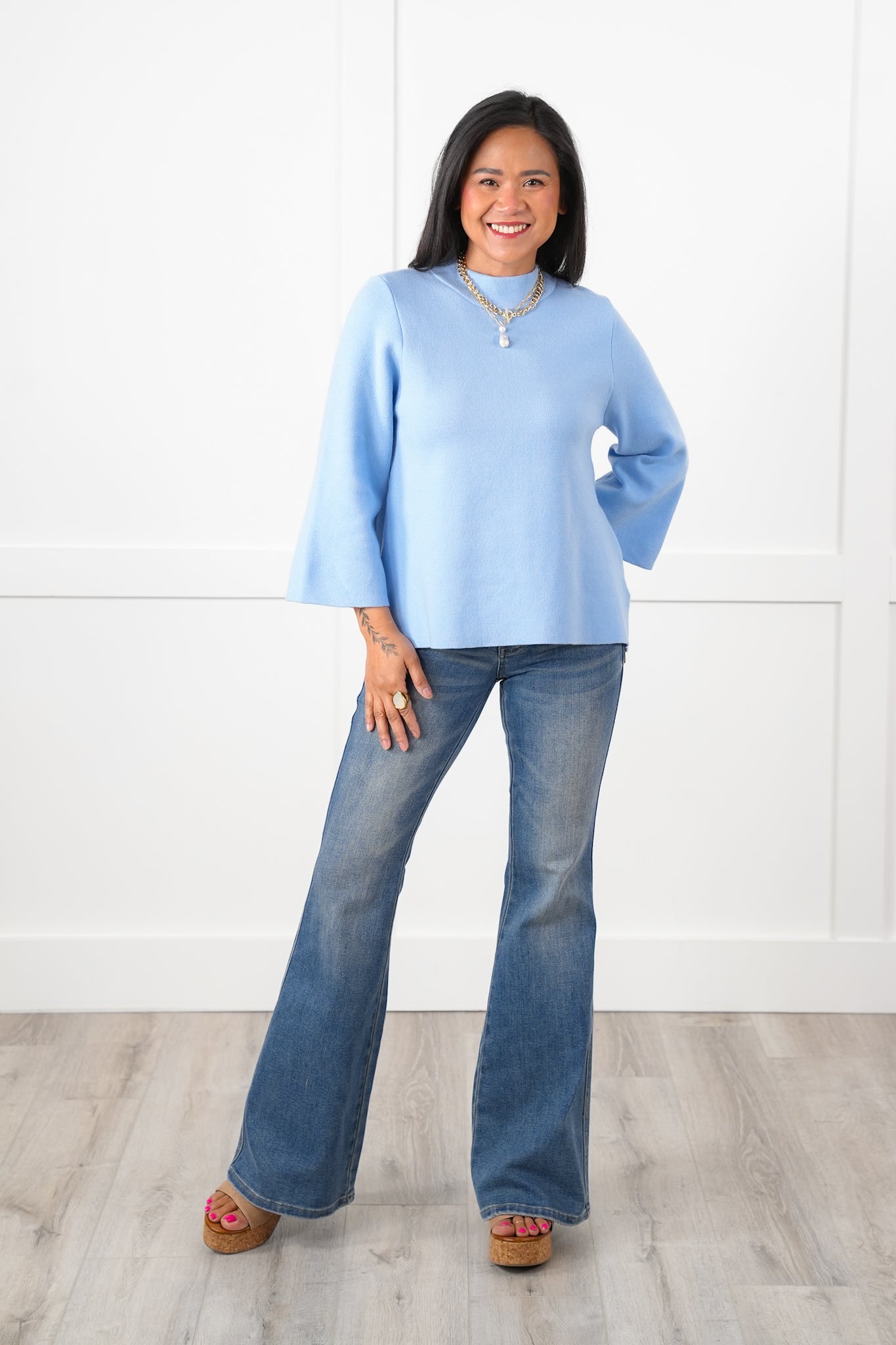 Solid 3/4 Bell Sleeve Mock Neck Knit Top