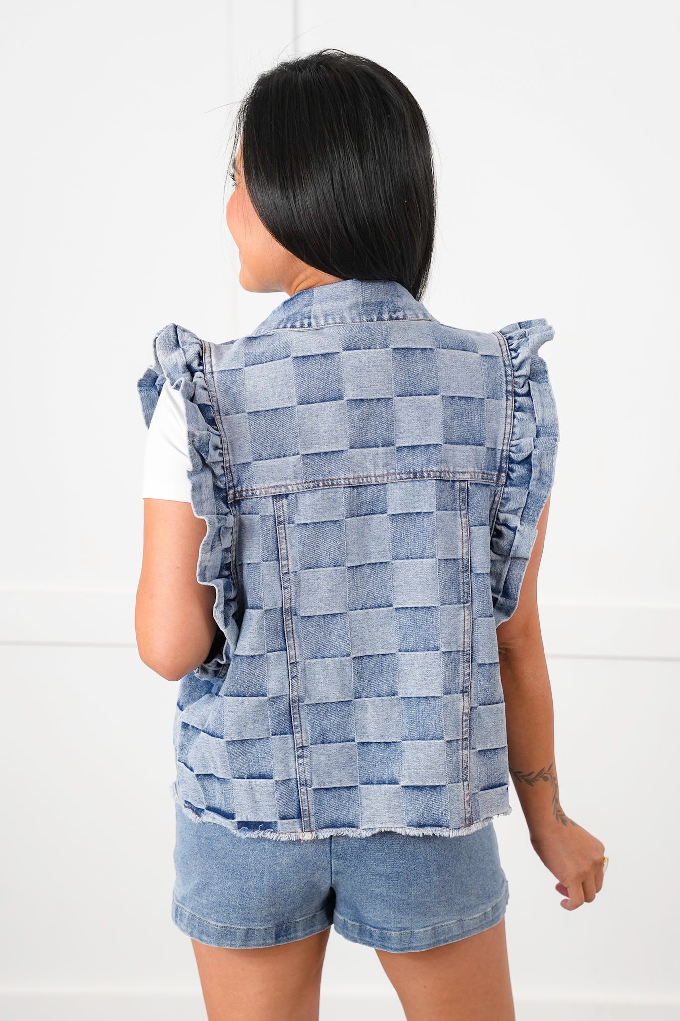 Vintage Wash Gingham Button Down Vest with Ruffle Detail
