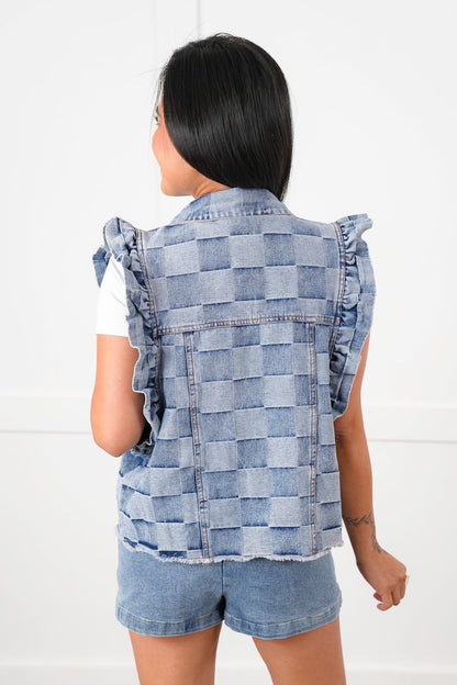 Vintage Wash Gingham Button Down Vest with Ruffle Detail