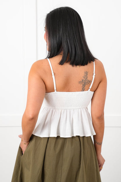 White Sleeveless Smocked Baby Doll Top