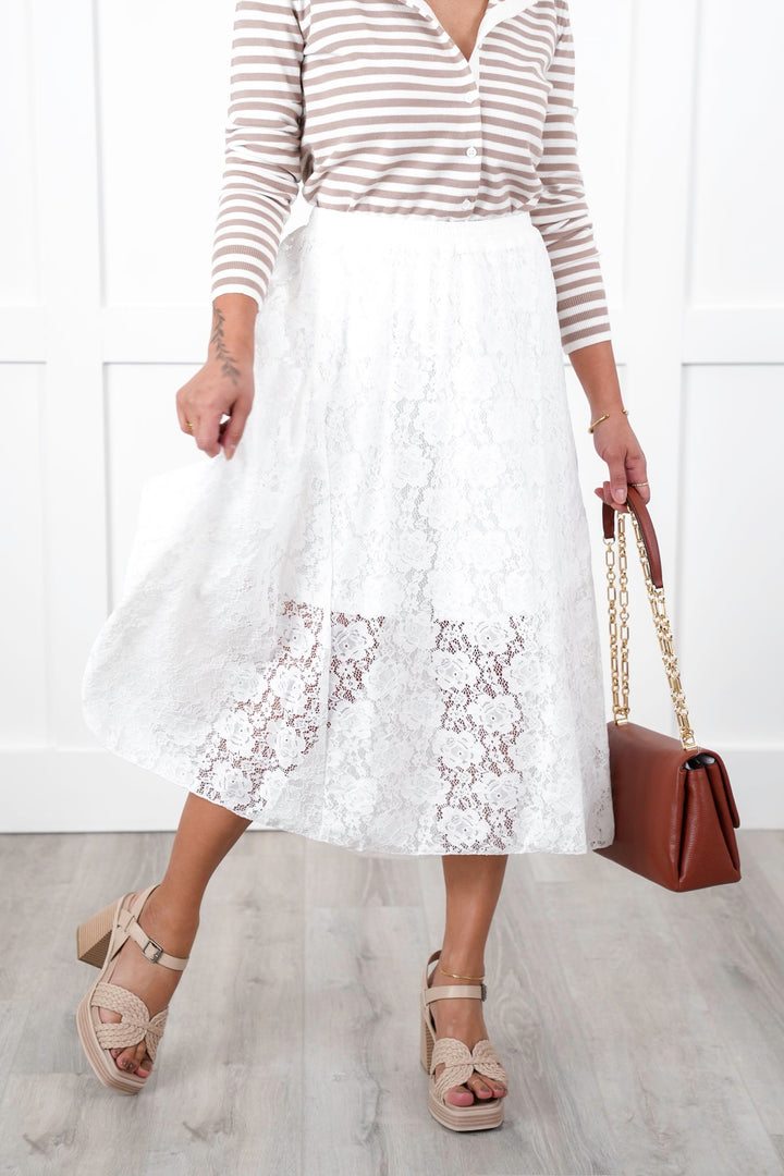 Floral Lace Elastic Waist Midi Skirt