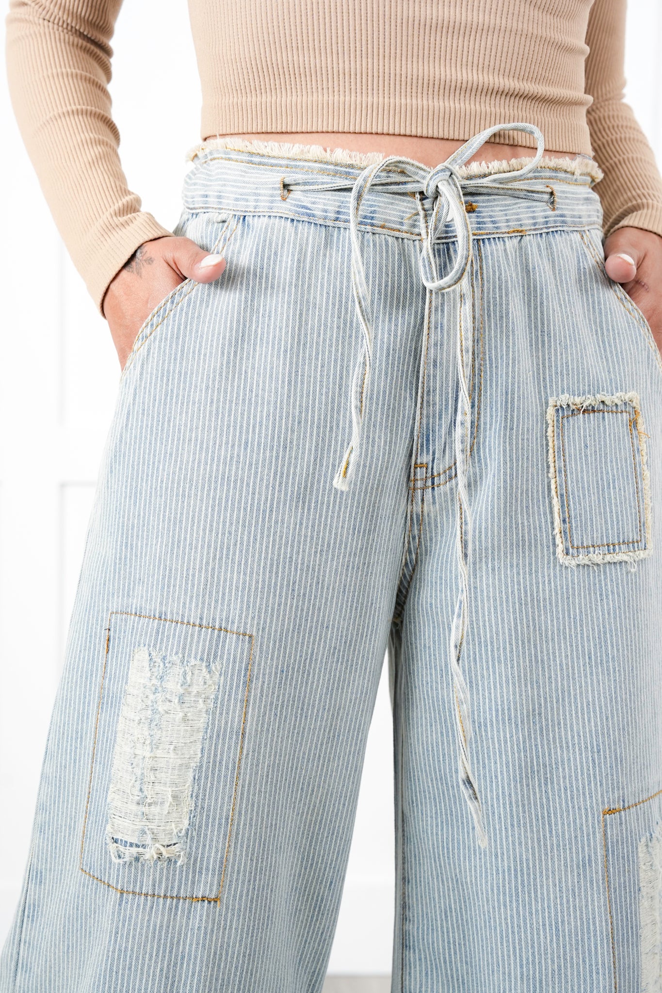 POL Denim Striped Wide Leg Pants With Distressing Detail