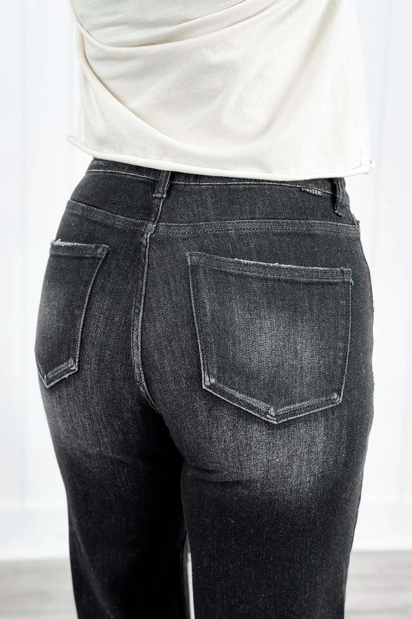 Risen High Rise Black Frayed Ankle Wide Leg Jeans