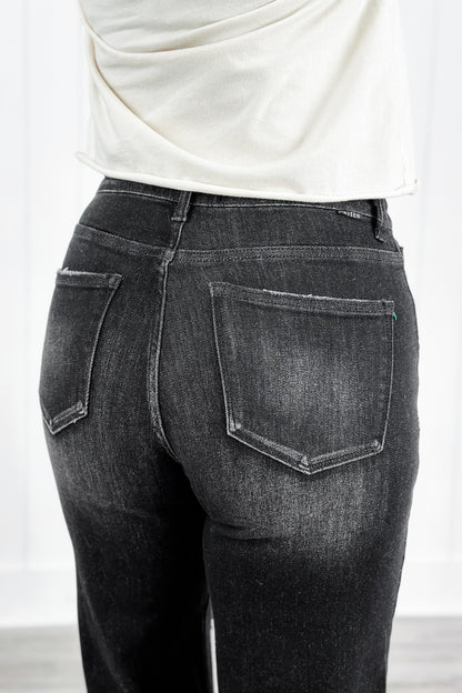 Risen High Rise Black Frayed Ankle Wide Leg Jeans