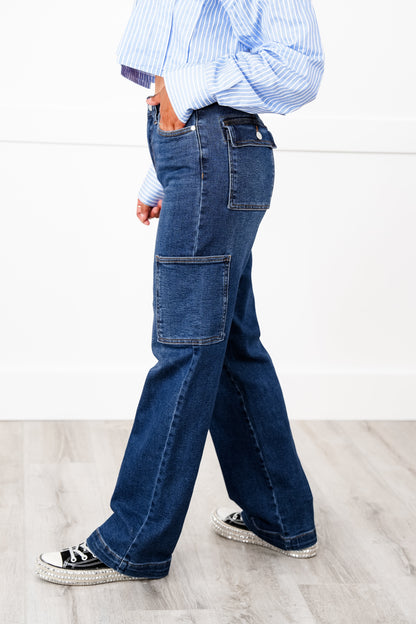 Judy Blue Hot Mess High Rise Dark Wash Cargo Wide Leg Jeans