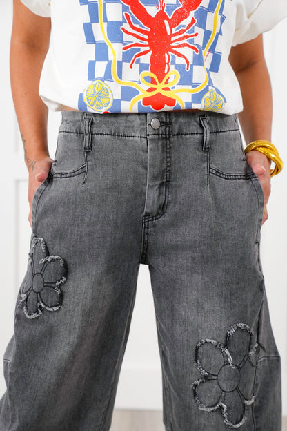 Washed Denim Barrell Jeans with Flower Patch Detail