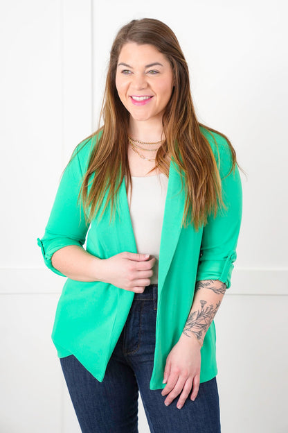 Door Buster! Plus/Reg Solid Button Tab Sleeve Open Blazer