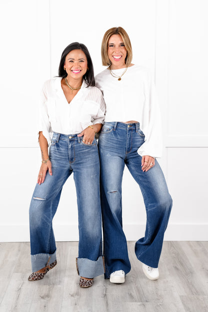 Judy Blue High Rise Medium Wash Retro Wide Leg Jeans with Cuff