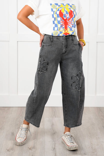 Washed Denim Barrell Jeans with Flower Patch Detail