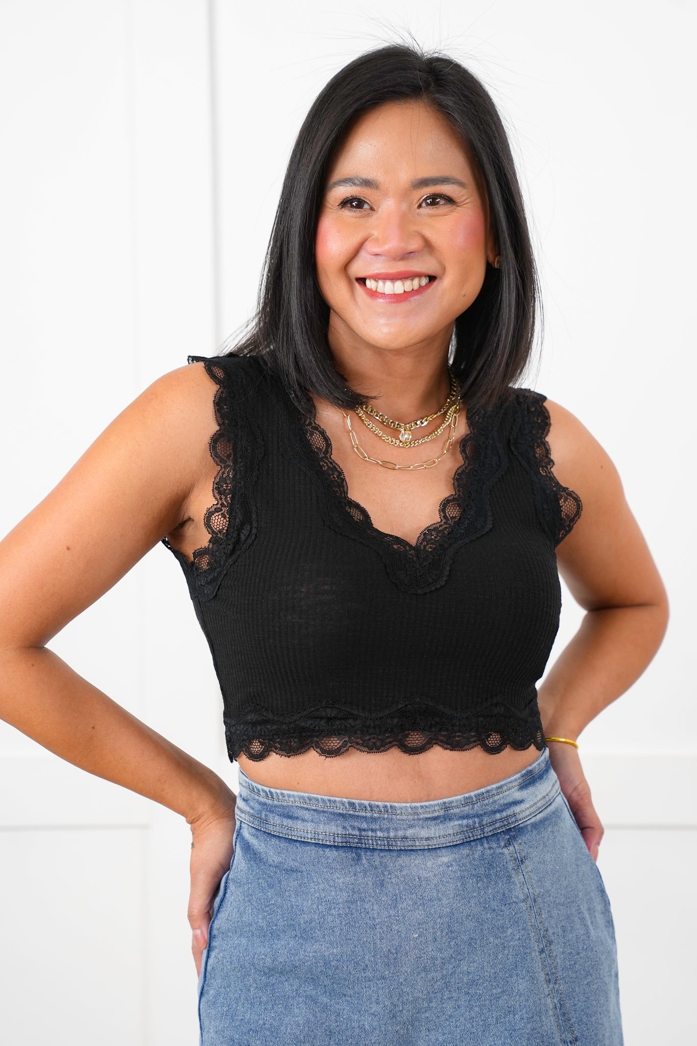 Restock! POL Rib Knit Sleeveless Double V Neck Crop Top with Lace Detail
